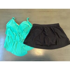 green tankini black skirt AQUA GREEN  two piece bikini swimsuit size medium